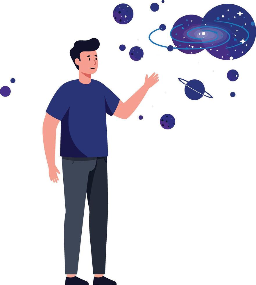 Person interacting with cosmic elements in a flat, colorful design illustration vector