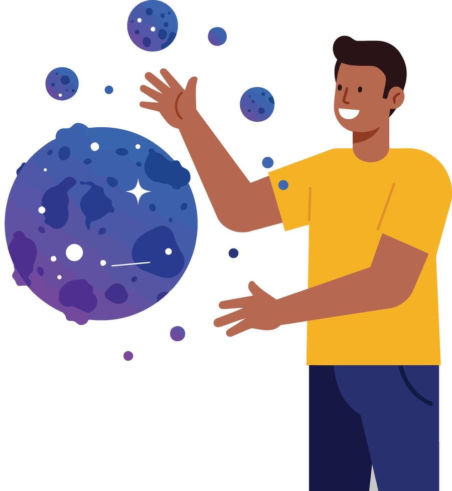 Person interacting with colorful planets in flat illustration style vector