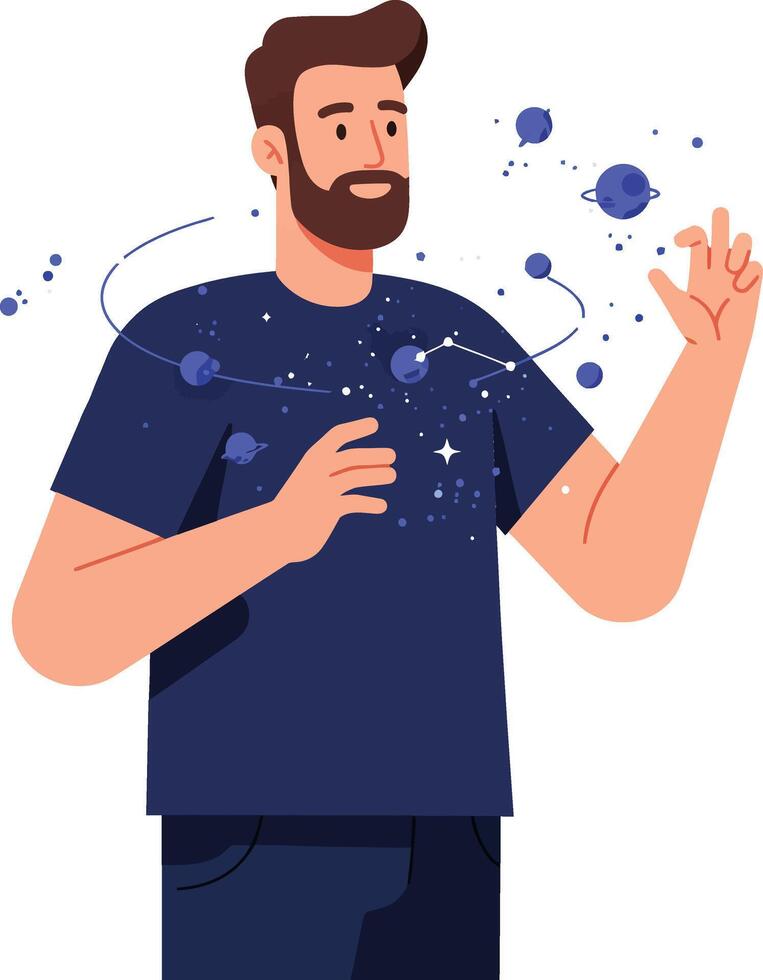 Man interacting with cosmic elements in flat and minimal art vector