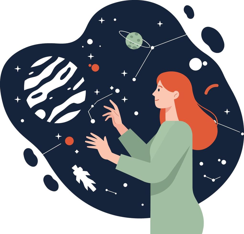 Woman interacting with galaxy elements in flat art style vector