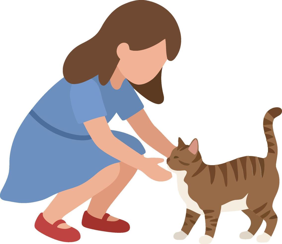 Girl in blue dress interacts with playful cat in flat art vector