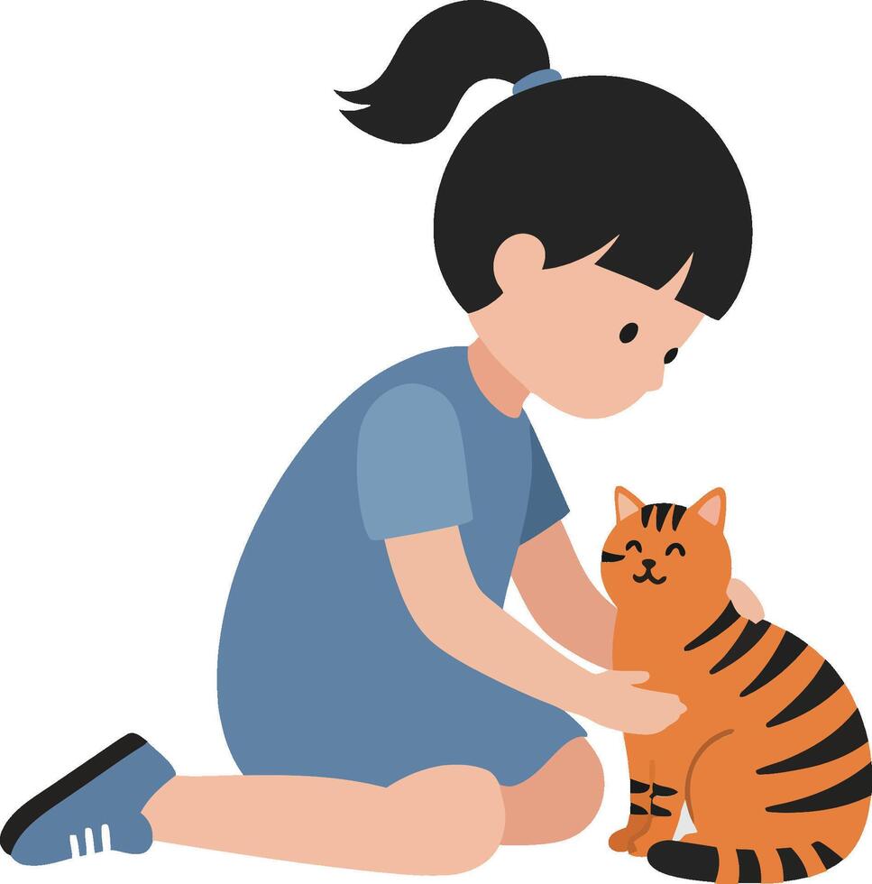 Girl interacting with playful cat in minimal flat art vector