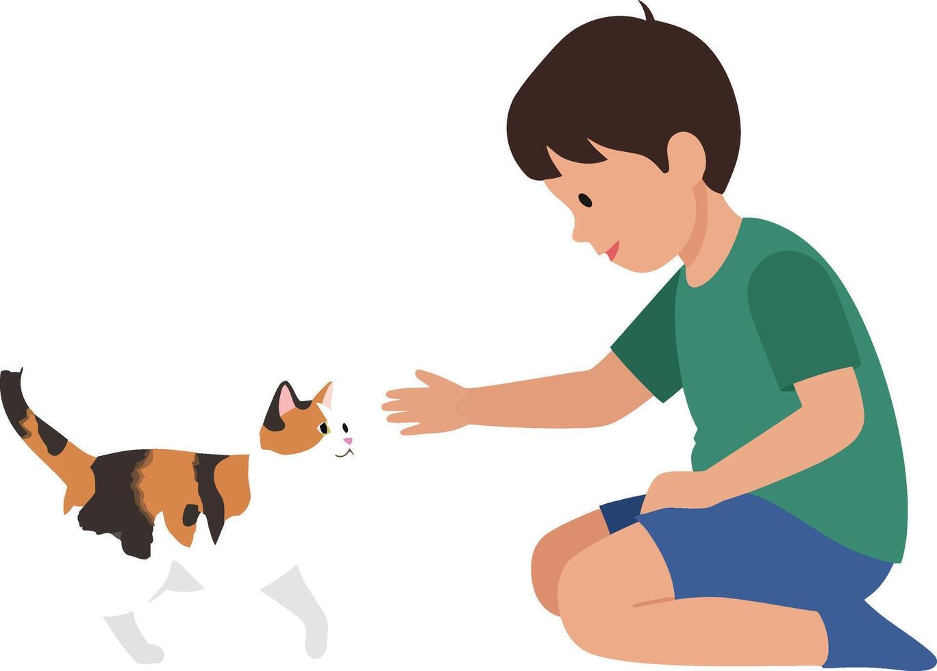 Child reaching out to playful cat in flat illustration vector