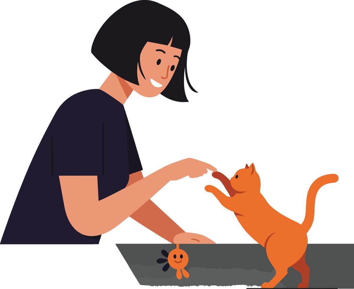 Woman interacting with playful cat in flat illustration style vector