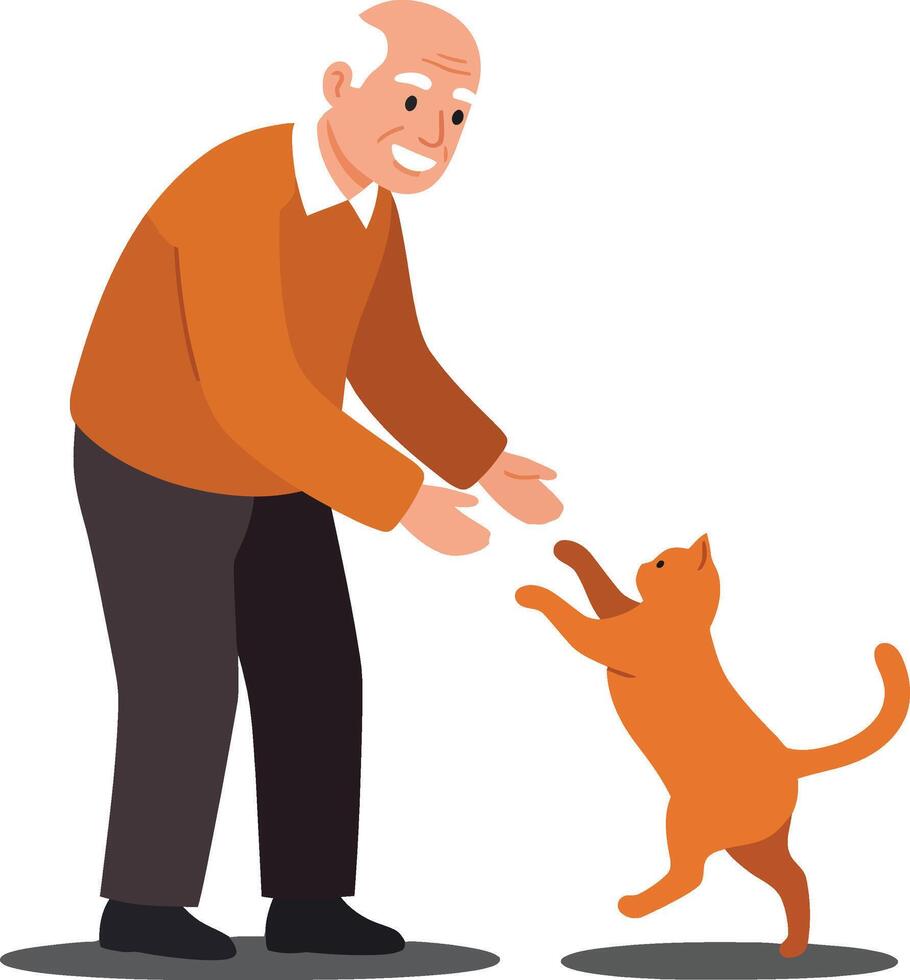 Elderly man joyfully interacting with playful orange cat in flat illustration vector