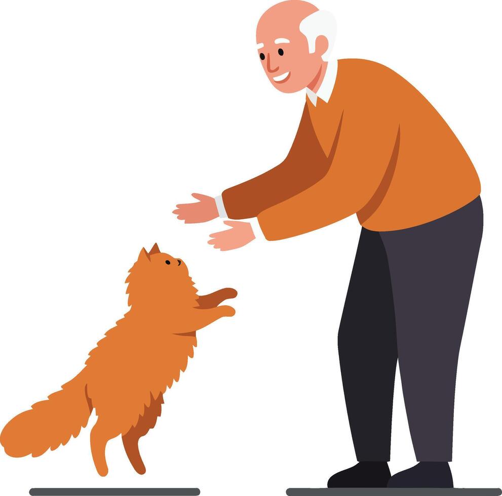 Elderly man reaching out to playful dog in minimal illustration vector