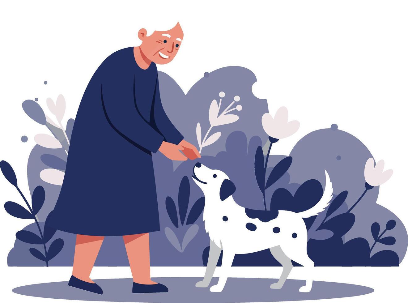 Happy elderly woman feeding playful dog in minimal flat illustration vector