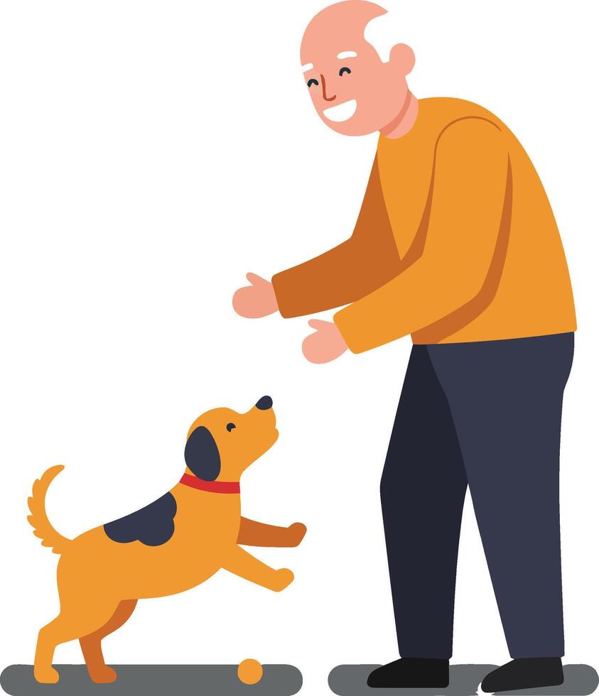 Happy elderly man playing with a cheerful dog in flat illustration vector