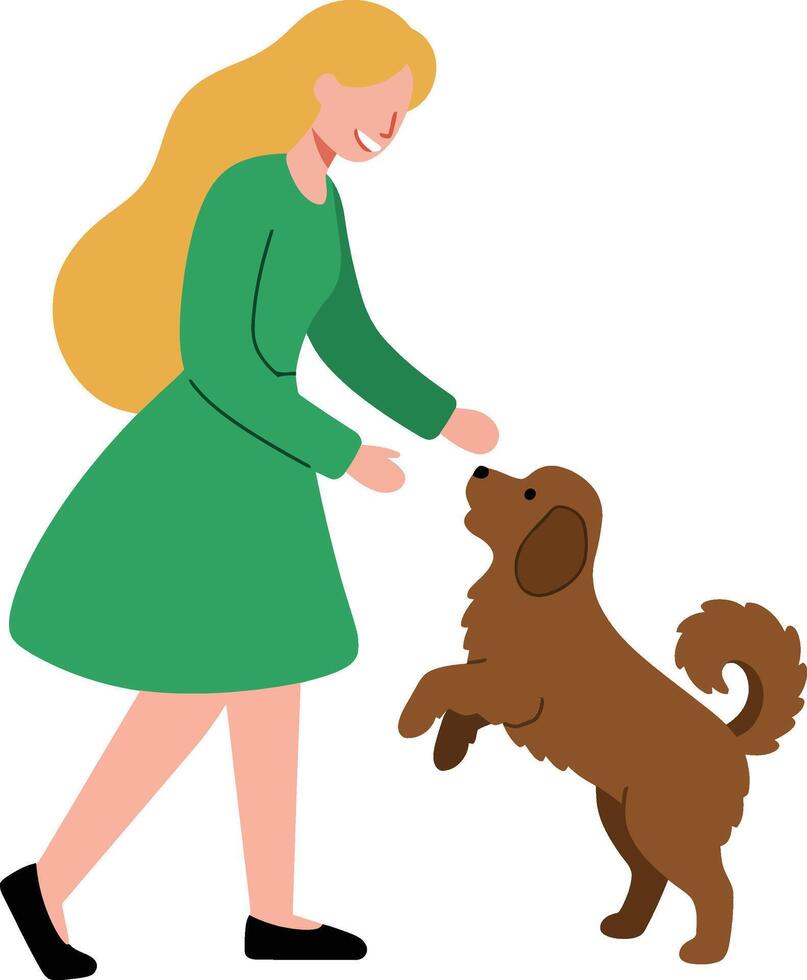 Woman in green dress playing with a brown dog in flat illustration vector