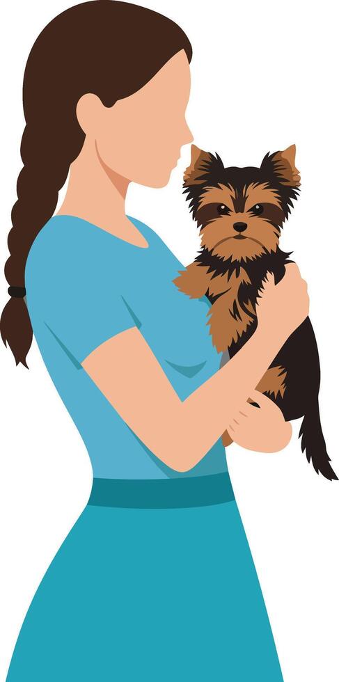 Woman holding a small dog in a flat minimal illustration vector