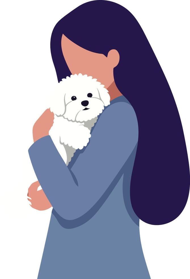 Woman hugging a fluffy dog in a minimal and colorful illustration vector