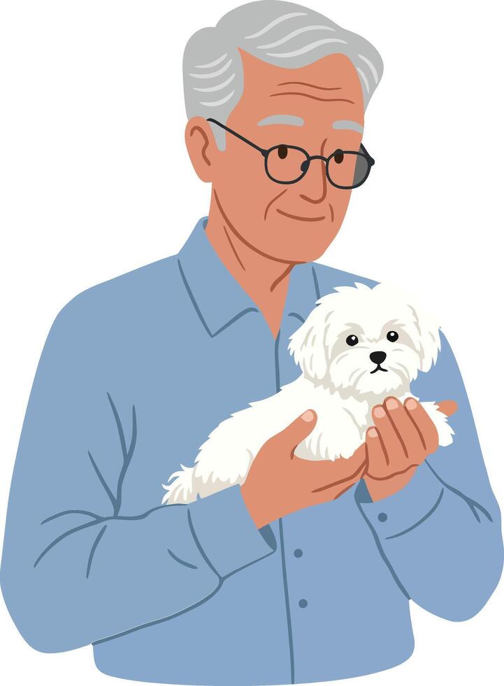 Elderly man holding small white dog in minimal flat illustration vector