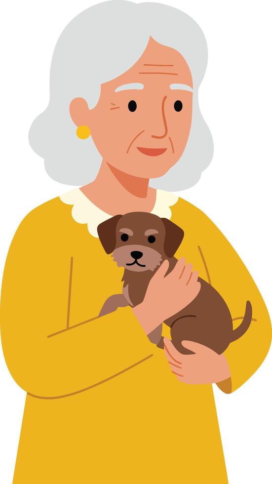 Elderly woman holding a small puppy in a flat, colorful design art vector