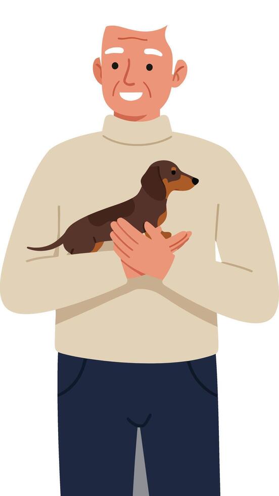 Happy man holding a small dog in a flat illustration vector