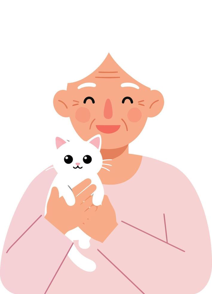 Elderly person smiling while holding a cute cat in flat illustration vector