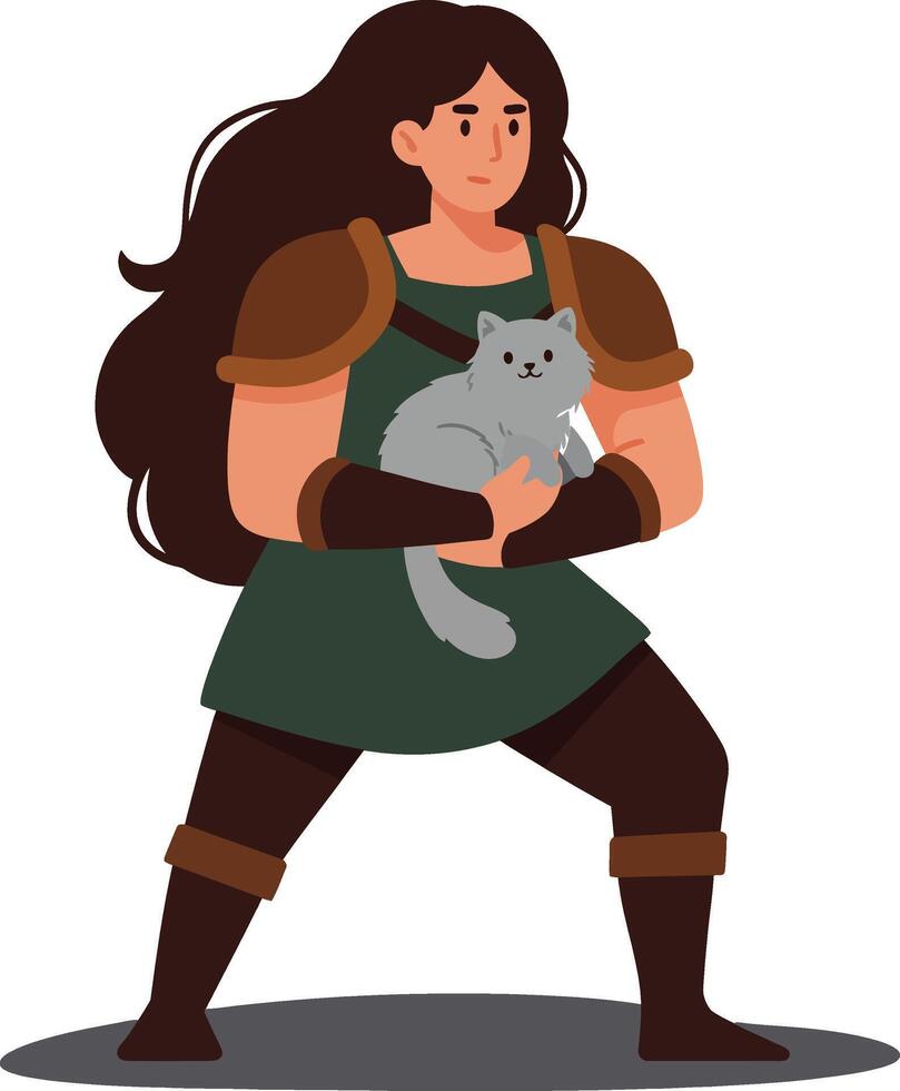 Female warrior character holding a black cat in flat art style vector