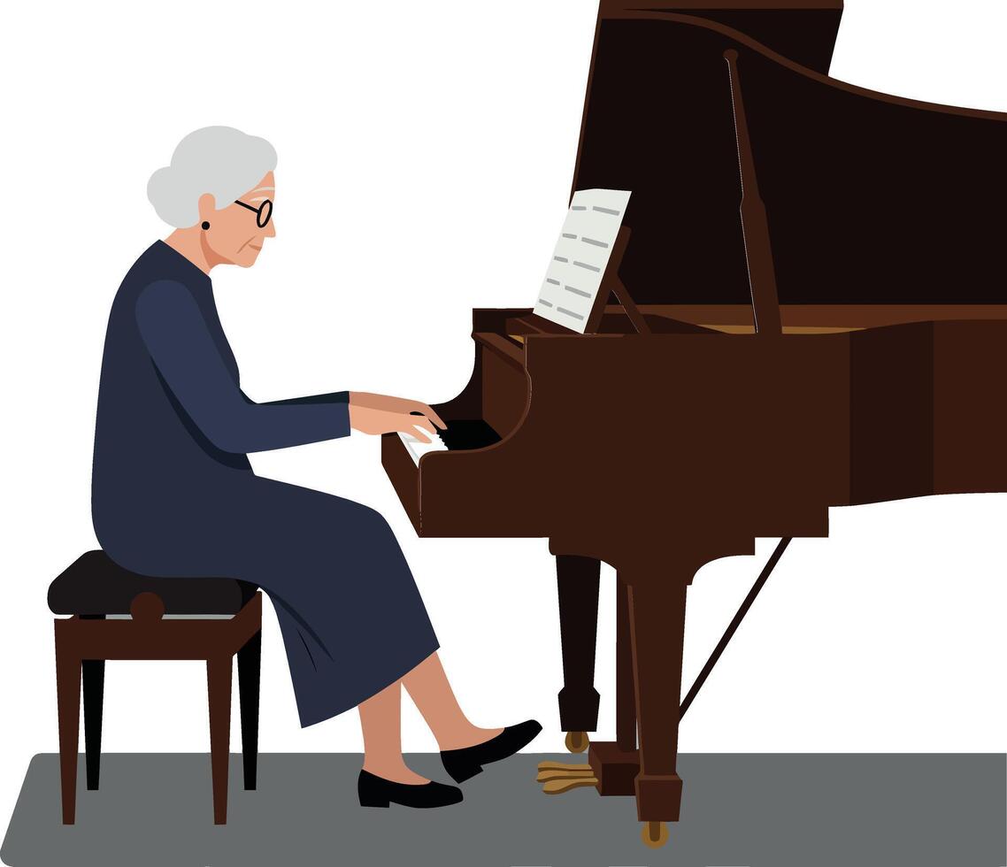 Elderly man playing a grand piano in minimal flat illustration vector
