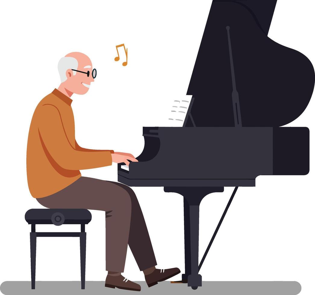 Elderly man playing grand piano in minimal flat design art vector