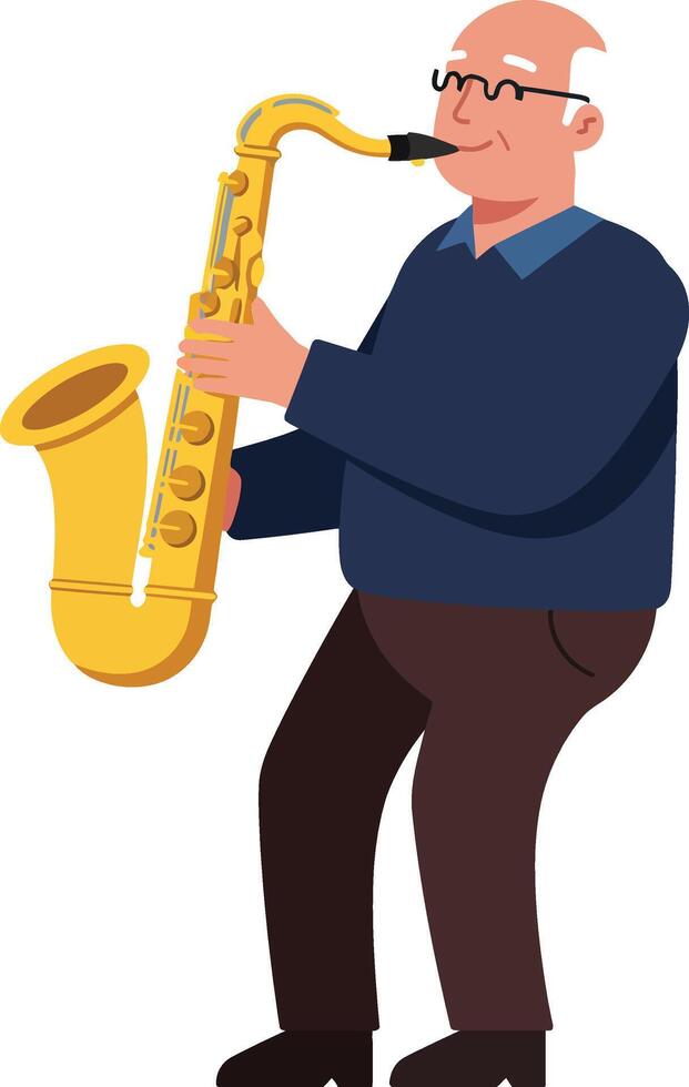 Elderly man playing saxophone in flat design art vector