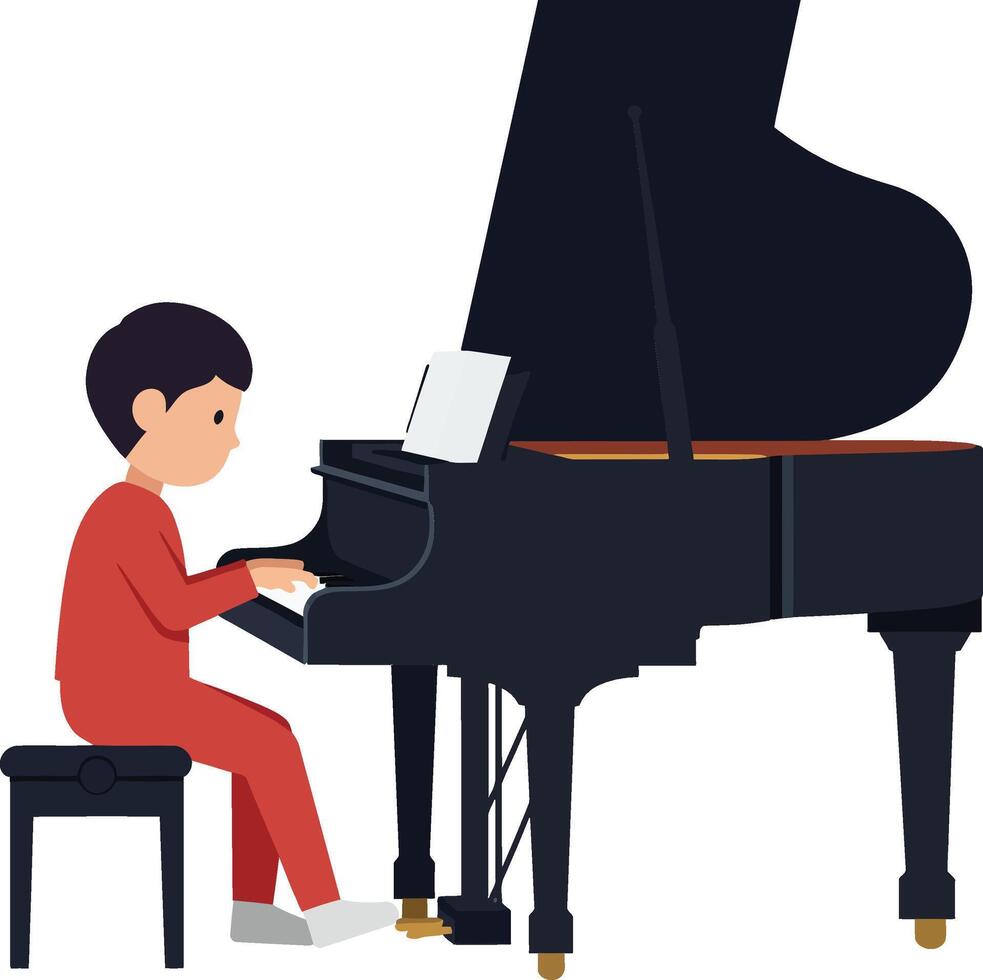 Boy playing piano in a flat, minimal style illustration vector