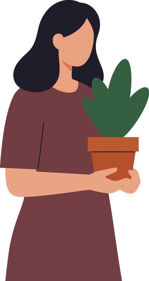 Woman holding a potted plant in minimal flat art style vector
