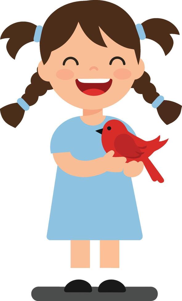 Happy girl holding a red bird in a flat, minimal illustration vector