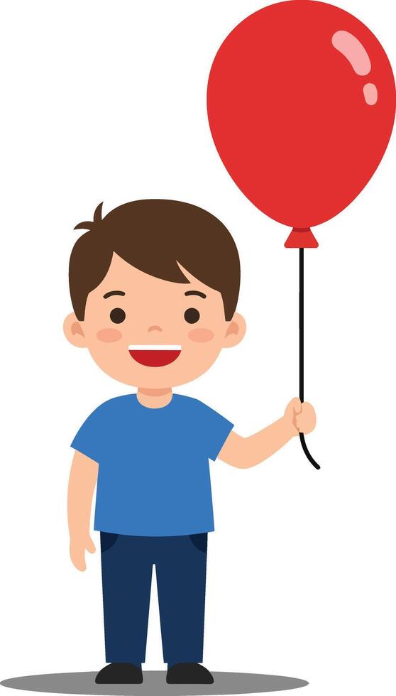 Happy child holding a red balloon in flat illustration vector