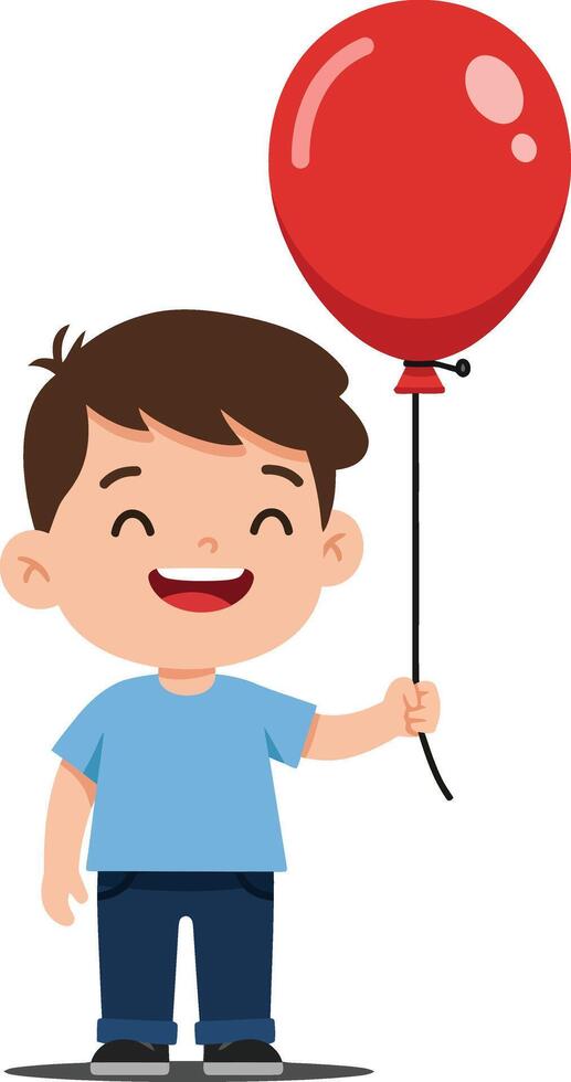 Happy child holding a red balloon in a flat illustration vector
