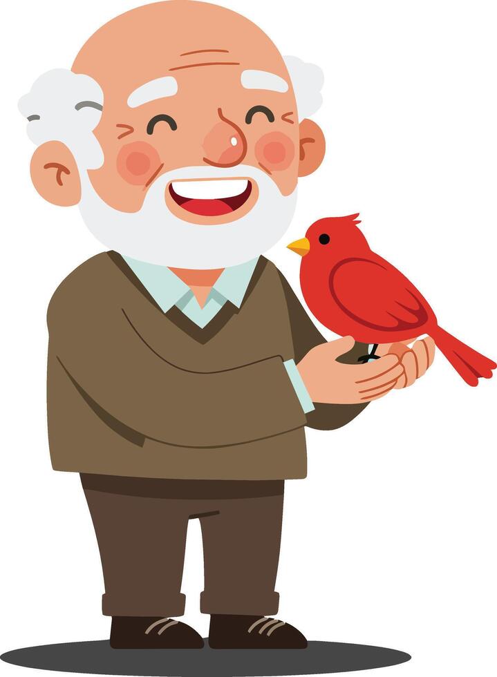 Happy elderly man holding a red bird in a minimal flat illustration vector