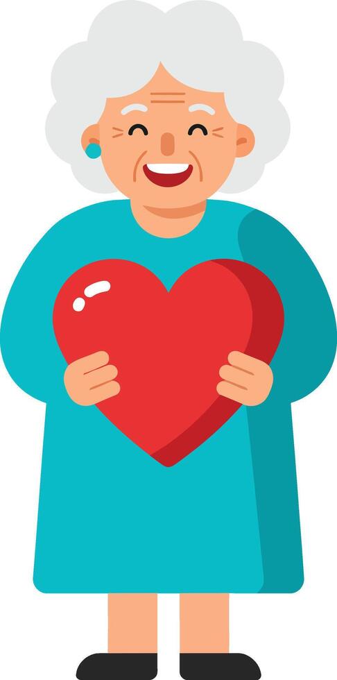 Happy elderly woman holding a red heart in flat illustration vector