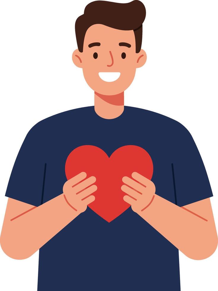 Young man smiling while holding a heart in flat art design style illustration vector