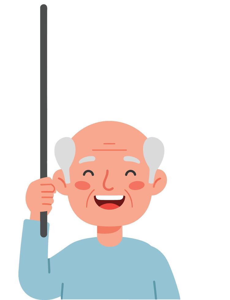 Happy elderly man holding a stick in flat art style illustration vector
