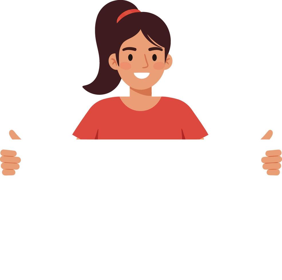 Smiling girl holding blank sign in minimal flat design illustration vector