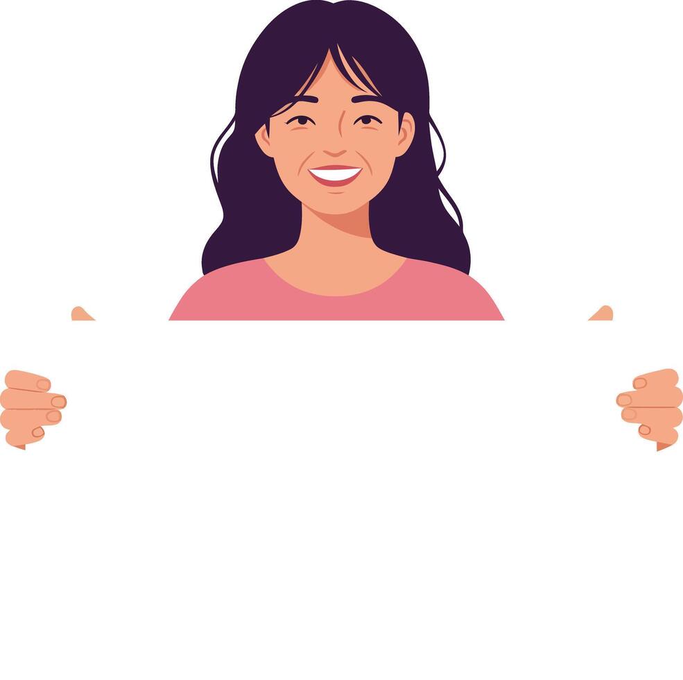 Smiling woman holding a blank sign in minimal flat illustration vector