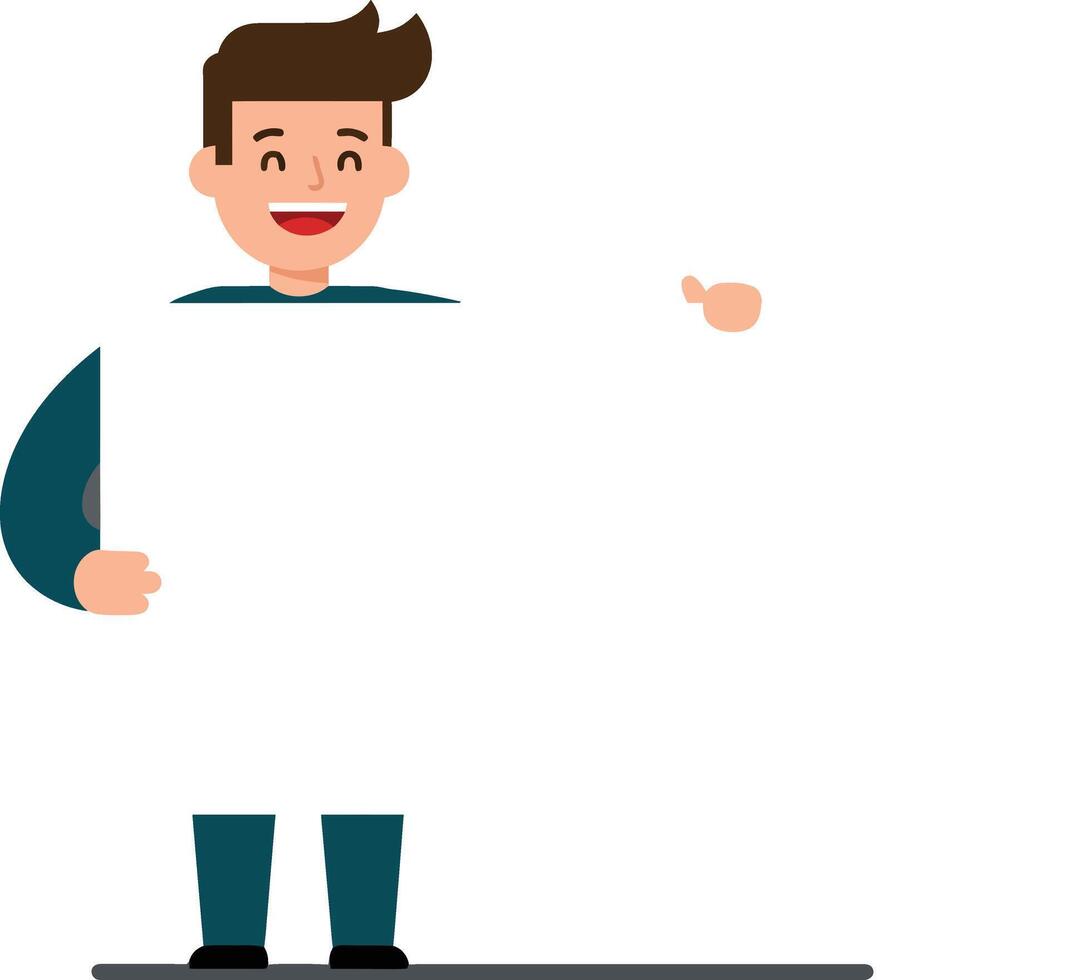 Happy cartoon character showcasing blank sign in flat art style vector