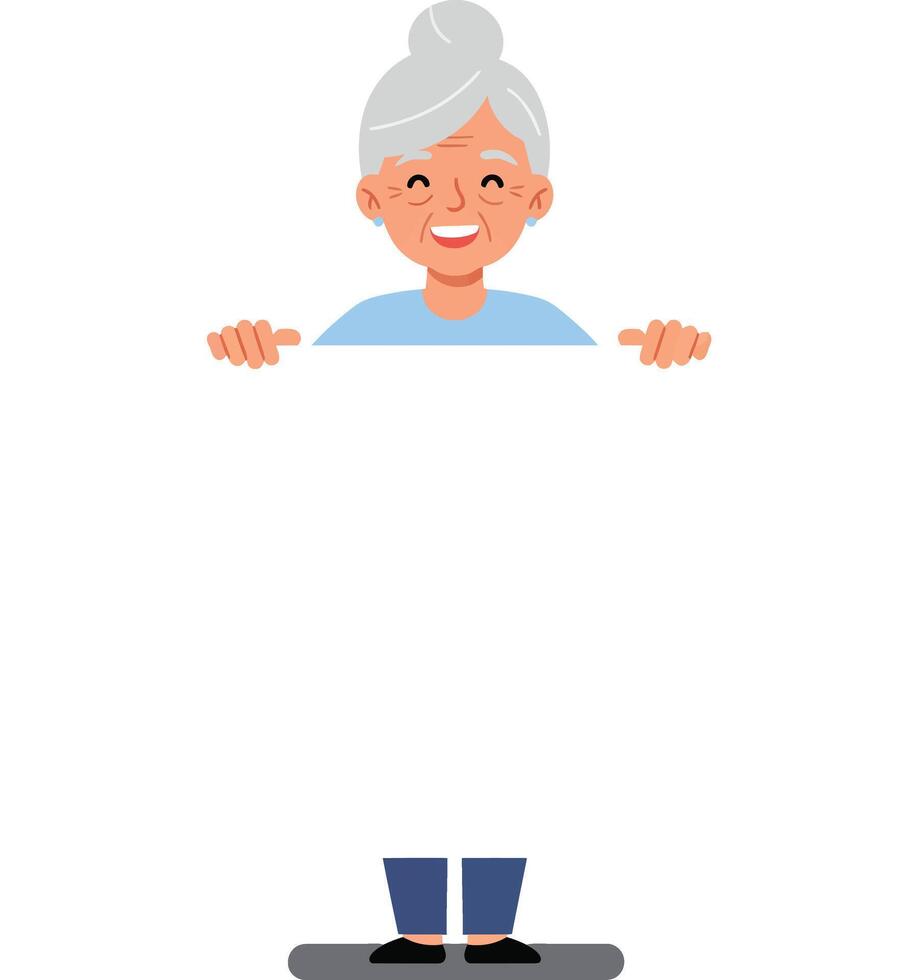 Cheerful elderly woman holding a blank sign in flat art style vector