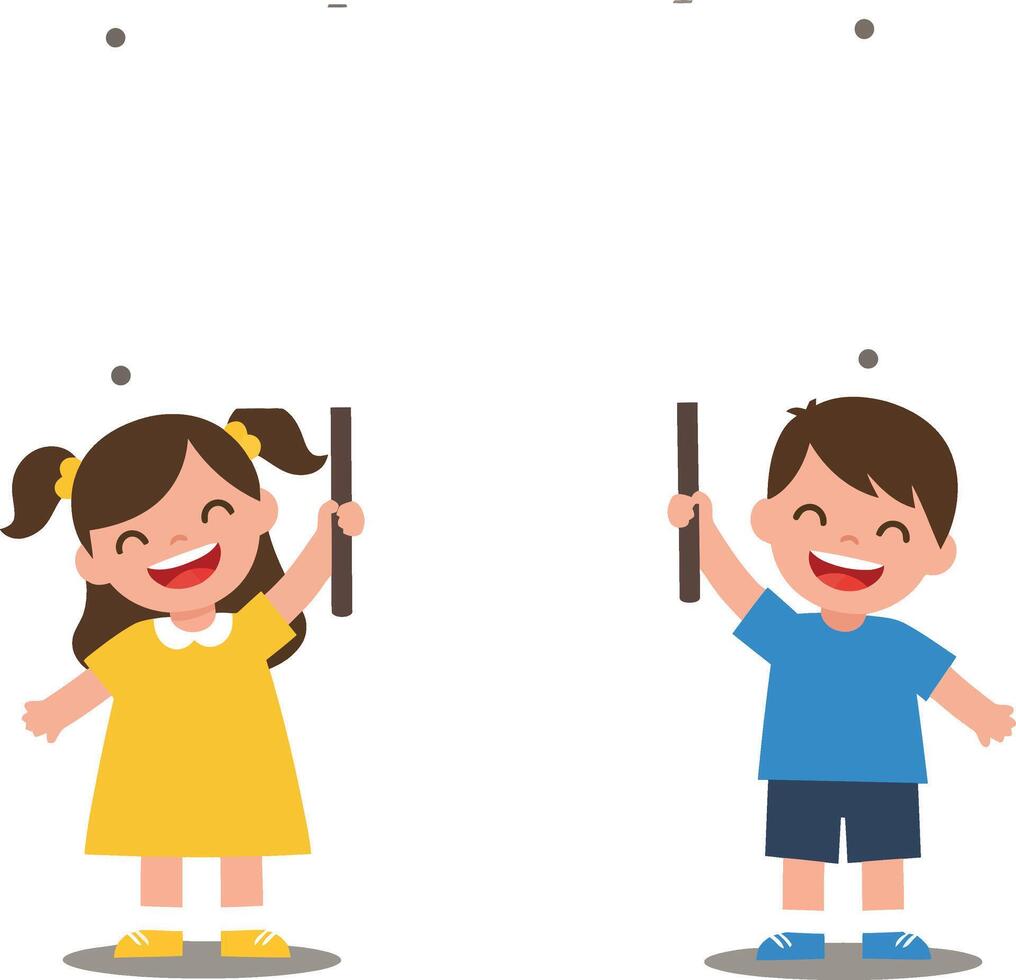 Happy children holding sticks in bright colors, flat design art vector