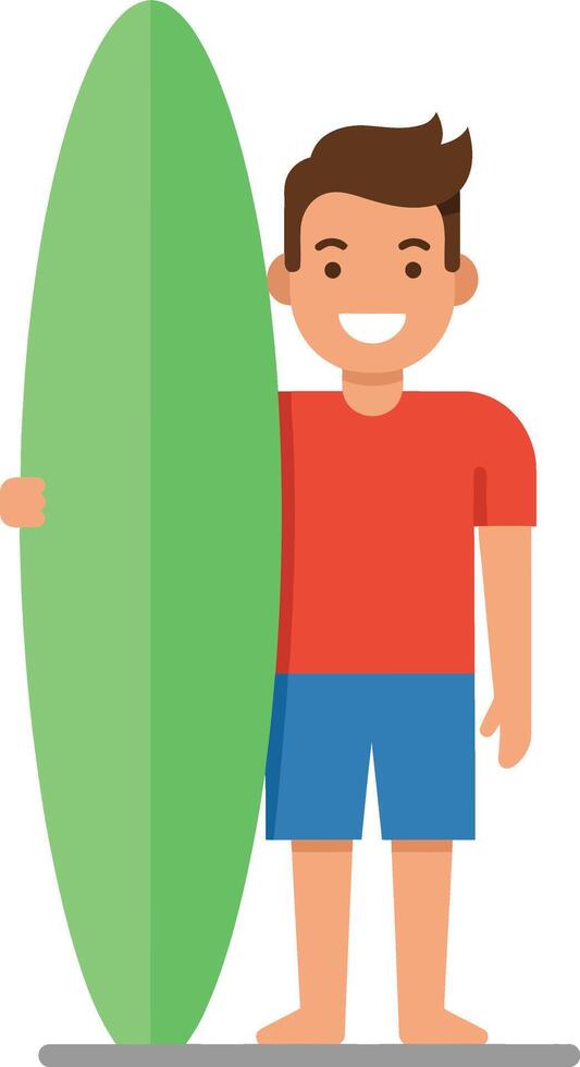 Happy young man holding a green surfboard in flat art style illustration vector