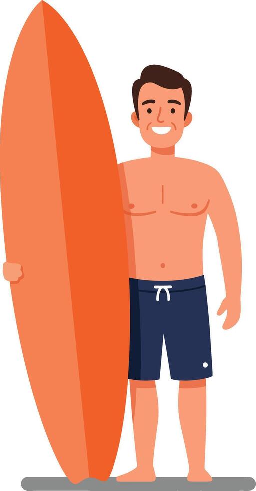 Smiling man holding orange surfboard in flat style art vector