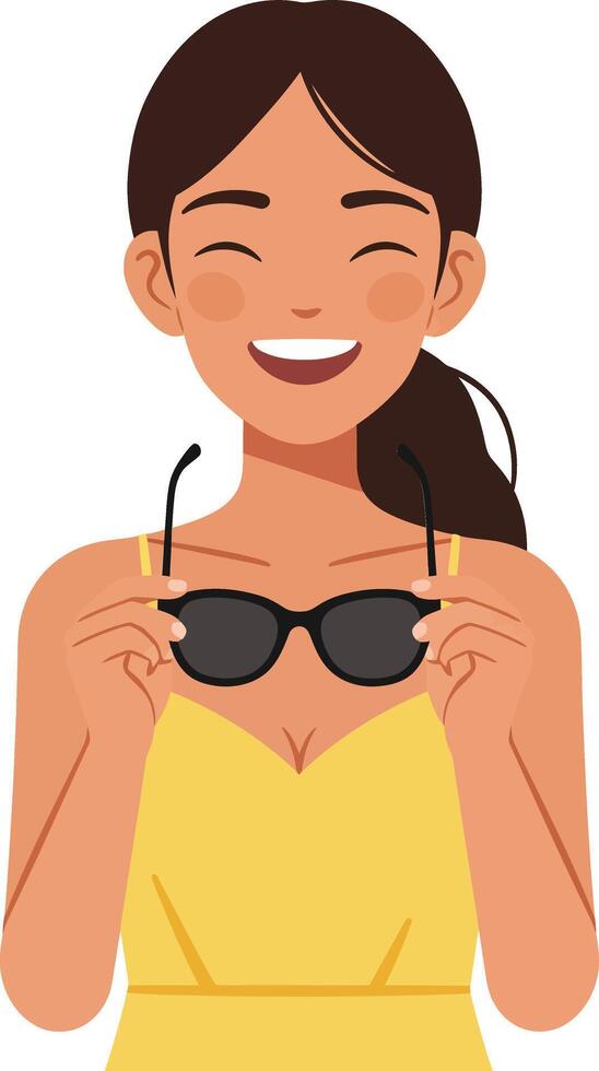 Happy woman in yellow dress holding sunglasses in minimal illustration vector