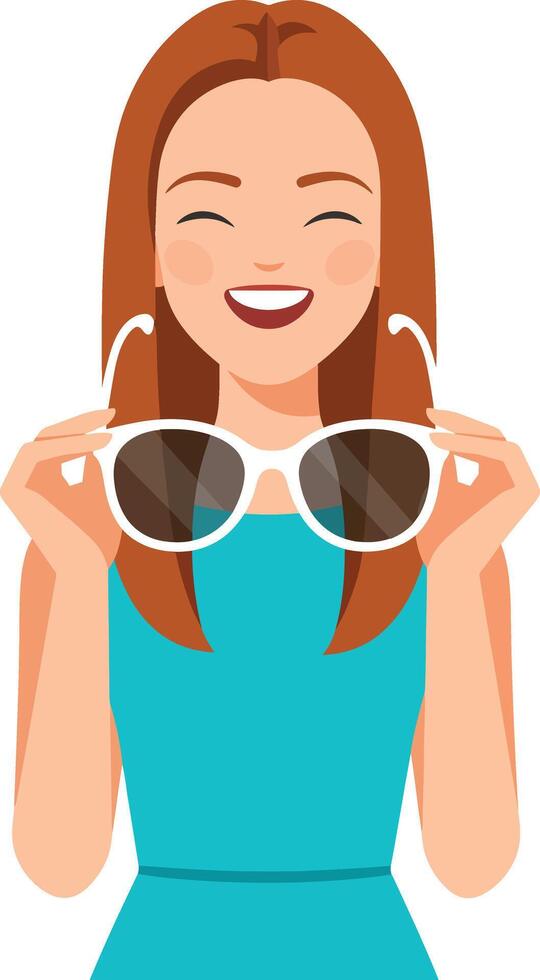 Woman smiling while holding sunglasses in a cheerful flat illustration vector