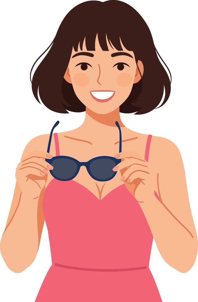 Young woman smiling while holding sunglasses in flat illustration vector