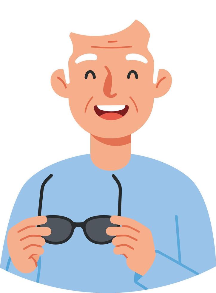 Cheerful elderly man holding sunglasses in flat illustration vector