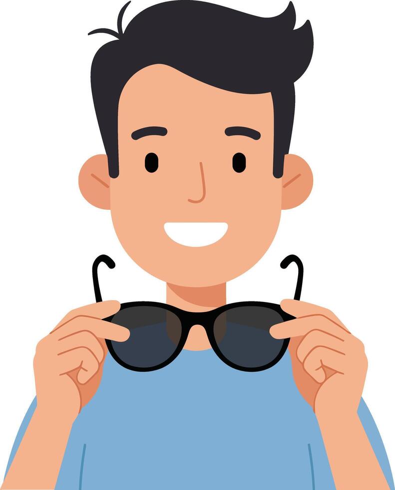 Young man smiling holding sunglasses in flat style art vector