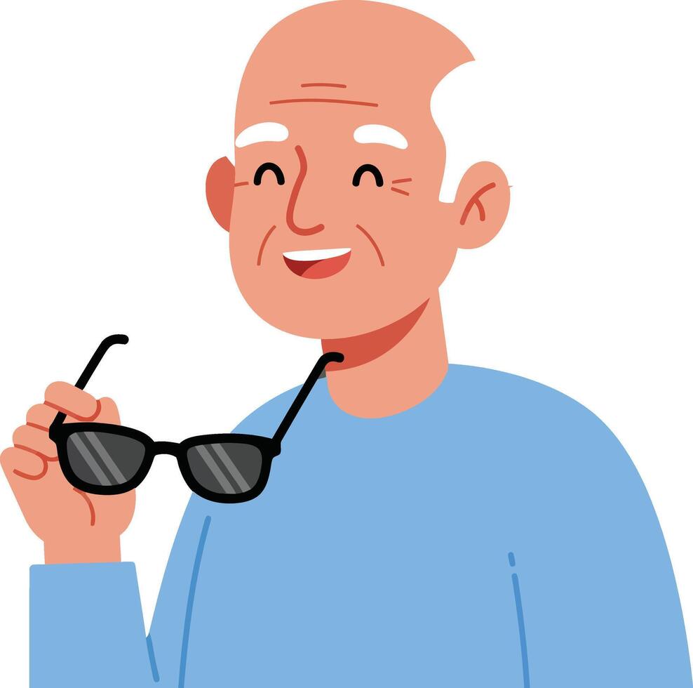 Happy elderly man holding sunglasses in flat, colorful art vector