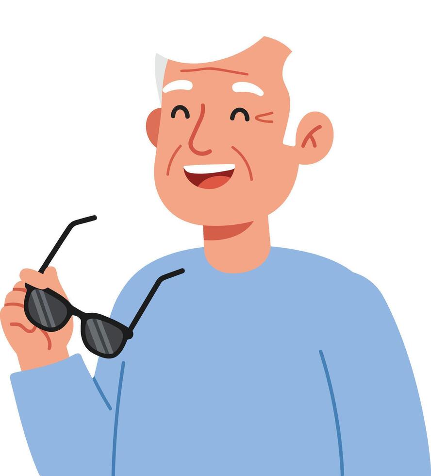 Happy elderly man wearing blue shirt holding sunglasses in flat illustration vector