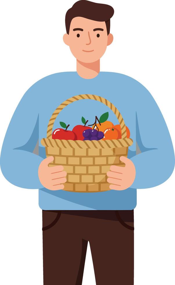 Man holding a basket of colorful fruits in flat illustration vector
