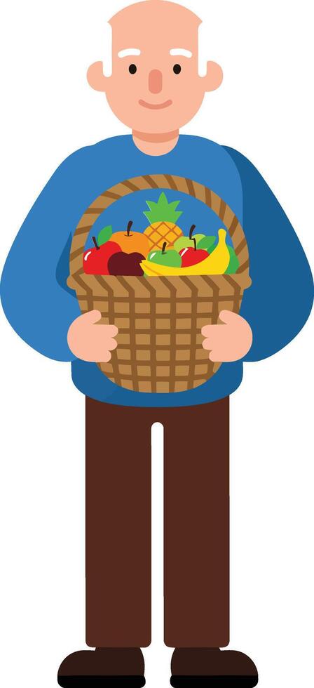 Elderly man holding a basket of fresh vegetables in flat illustration vector