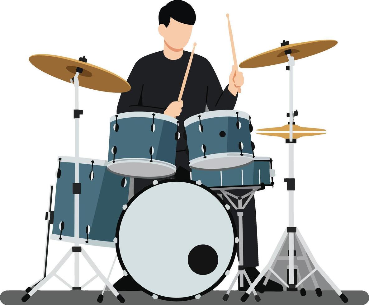 Drummer performing dynamic beats in flat design style art vector