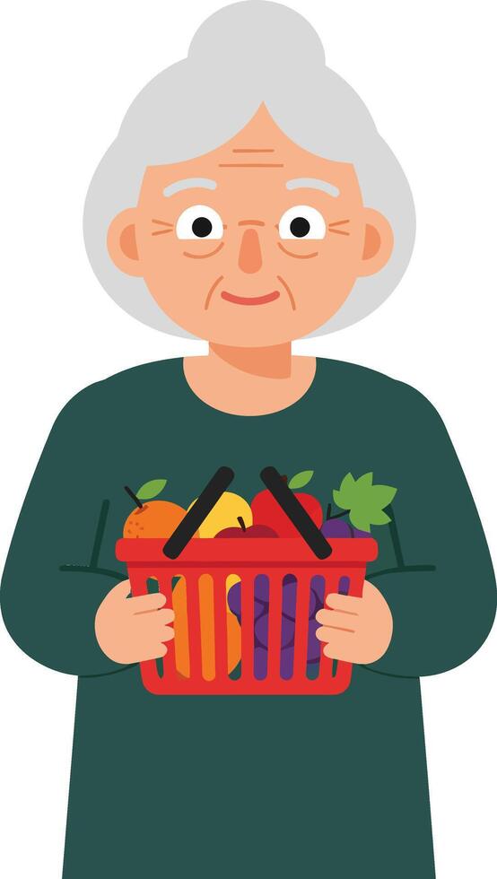 Elderly woman holding a shopping basket filled with fresh produce in flat art vector